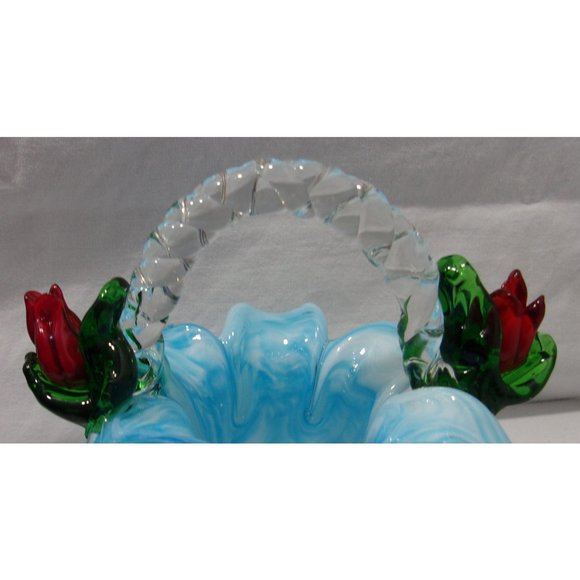 Glass Turquoise Blue Basket w/ Handle and Applied Red Roses 4 3/4" - Picture 6 of 10